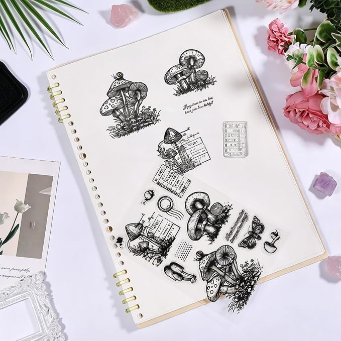 GLOBLELAND Vintage Mushroom Text Clear Stamps