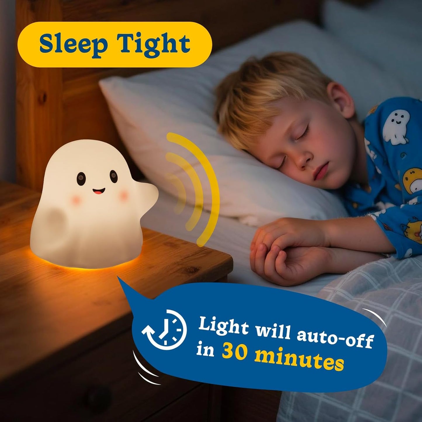 Ghost Night Light for Kids, Silicone Nursery Nightlight, RGB Rainbow Color-Changing/30-Min Timer/Touch Sensor/Rechargeable/Sounds & Sleep Music Halloween Ghost Light Decor Lamp