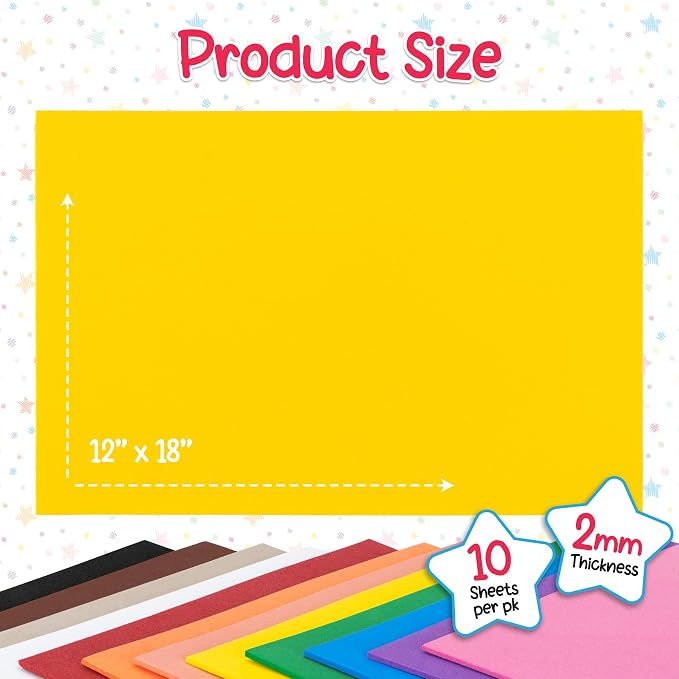 Hygloss Sheets Colorful Foam for DIY Arts & Craft, 12” x 18”, 10 Piece