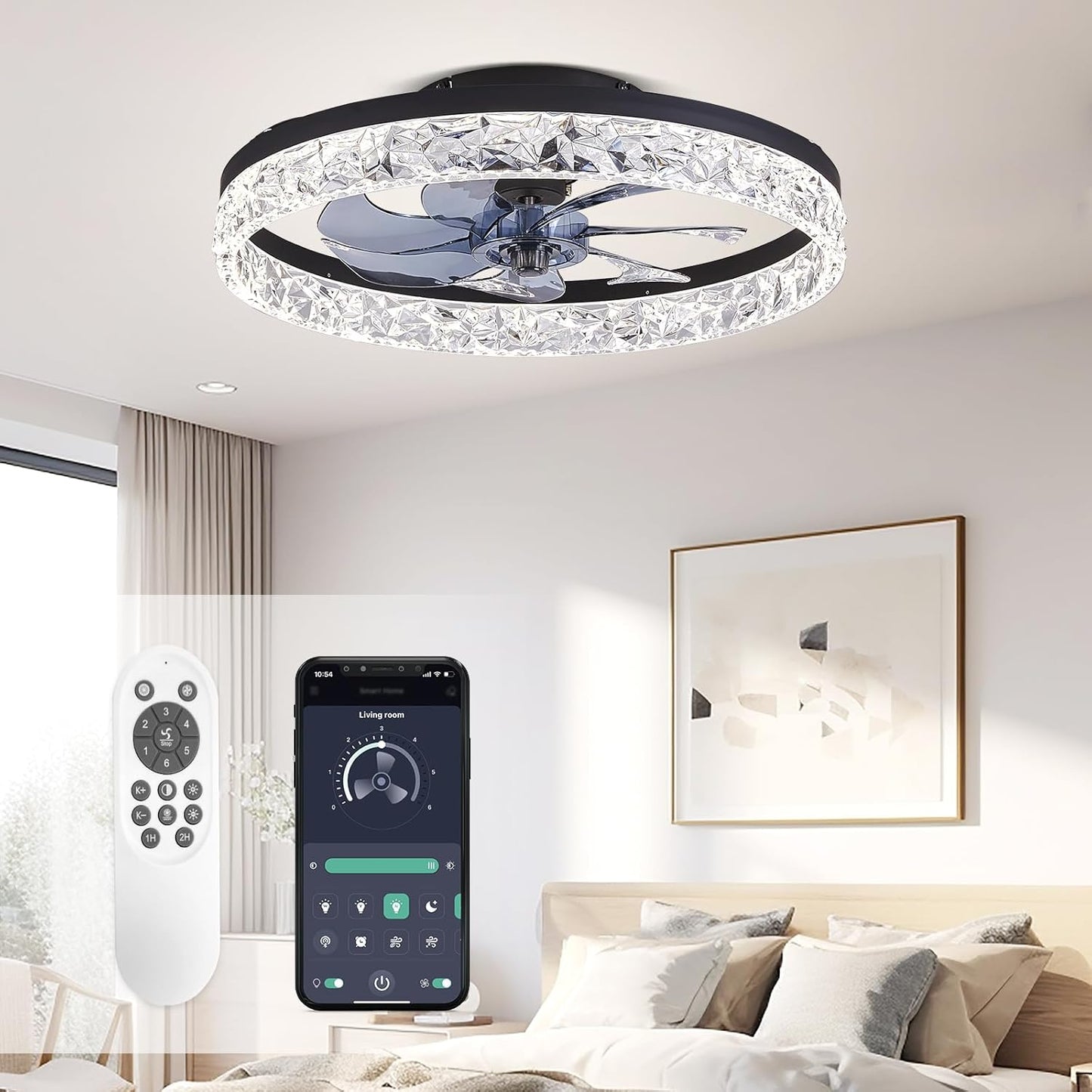 STERREN 19.7'' Crystal Ceiling Fan with Light, Modern Low Profile Ceiling Fans with Remote Control, Dimmable Flush Mount LED Fandelier for Living Room, Bedroom, Home Office, Kitchen, Black