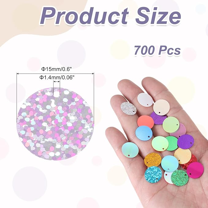 MECCANIXITY 700 Pcs Flat Round Sequins 15mm/0.6 Inch Loose Paillettes Craft