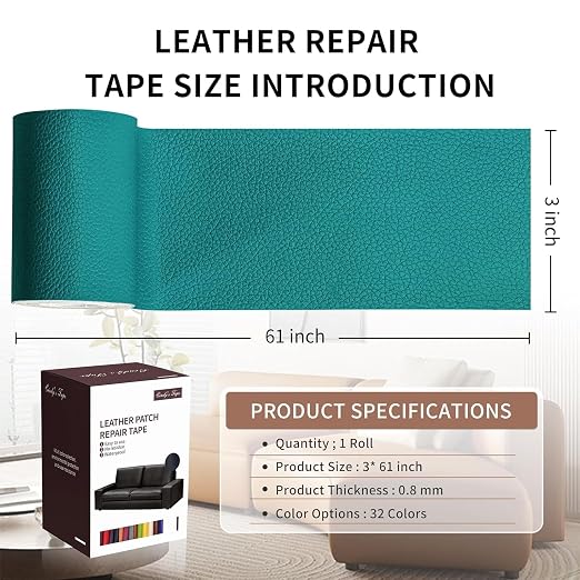 Leather Repair Patch Tape, Peacock Green 3 x 61 Inches Self Adhesive Leather