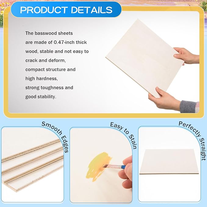 AWIZOM 4 Pack Basswood Sheets for Crafts 12x12x1/2 Inch-12mm Thick Unfinished