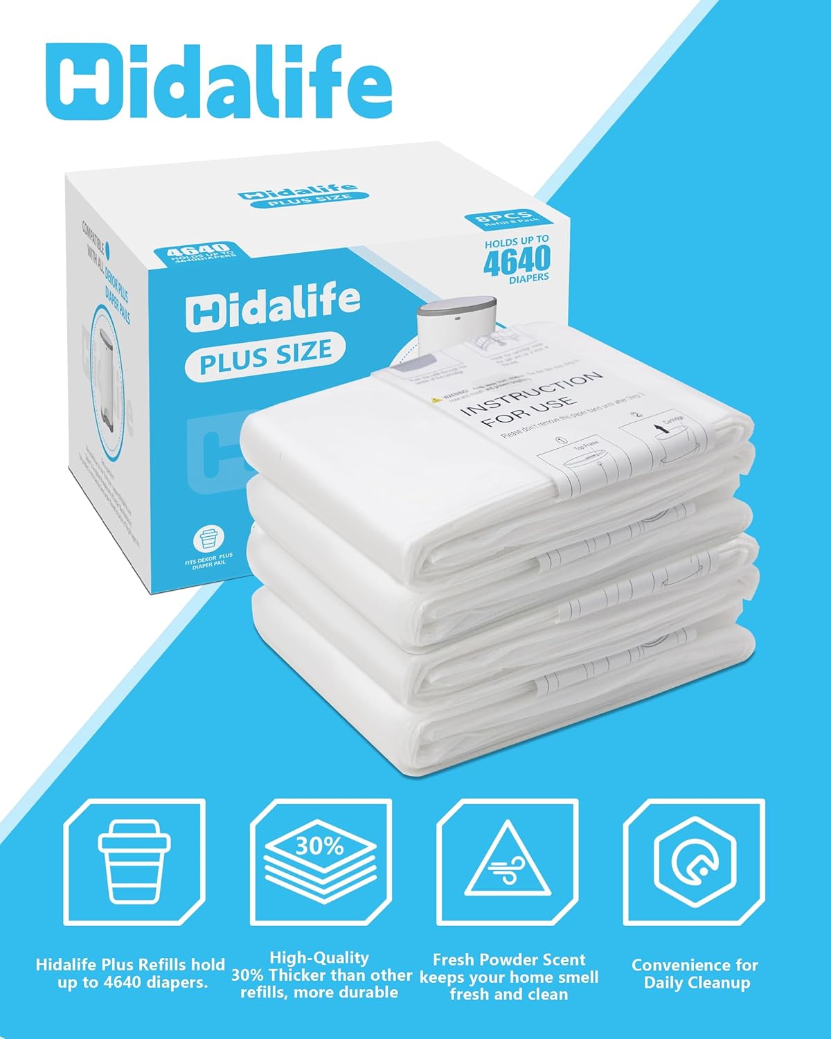 HIDALIFE Refills Compatible with Dekor Plus Diaper Pails, Disposable Diaper Trash Bags, Extra Thick Diaper Pail Refill Liners, Hold Up to 4640 Diapers (8 Pack)