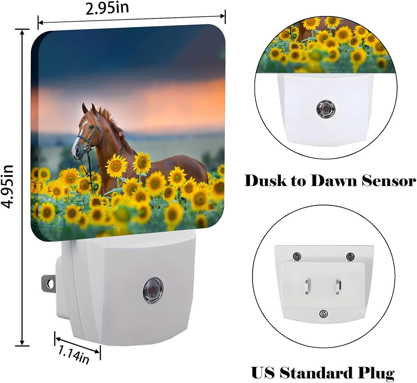 Sunflower Farm Animal Horses Night Light,Plug Into Wall with Dusk to Dawn Light Sensors, Warm Nightlights for Bedroom, Bathroom, Hallway, Kitchen, Gifts Ideal for Boys Girls Women Men