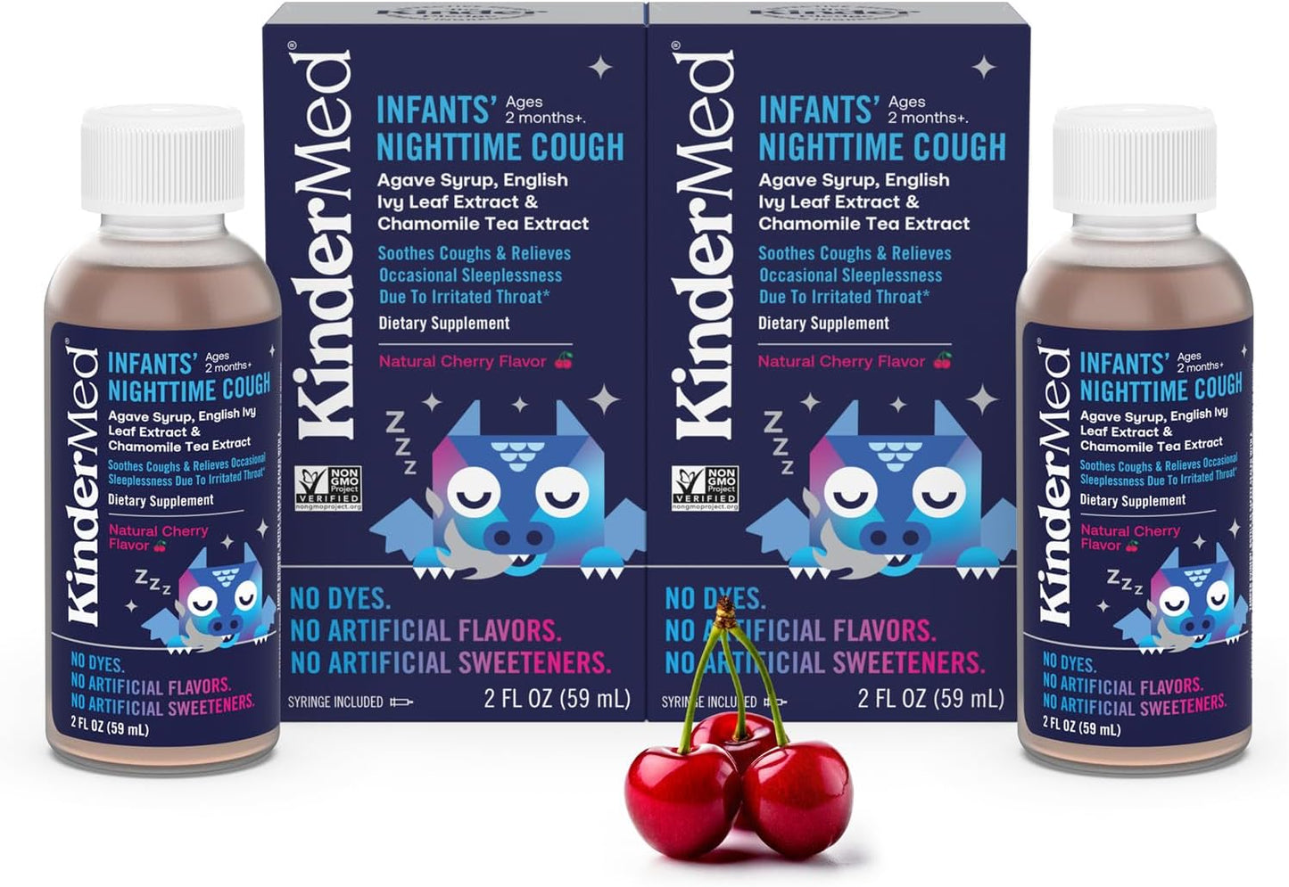 KinderMed Infants' Nighttime Cough, Organic Agave Syrup, Chamomile Tea Extract, No Dyes, No Artificial Flavors or Sweeteners, 2 Months+, Natural Cherry Flavor, 2 fl. oz (Pack of 2)
