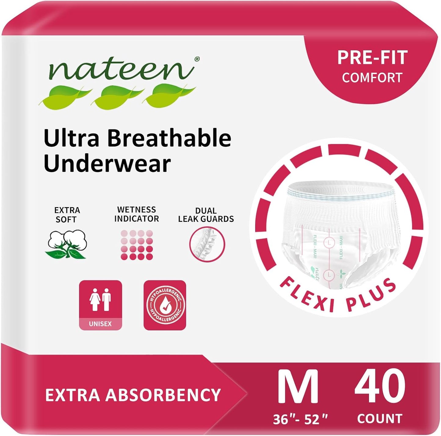 Nateen Flex Plus Adult Incontinence Underwear for Women and Men，Extra Absorbency Adult Pull Ups,Soft Cloth-Like Adult Diapers, Medium, 40 Count