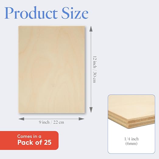 Baltic Birch Plywood, 6 mm 1/4 x 12 x 9 Inch Craft Wood, Box of 25 B/BB Grade