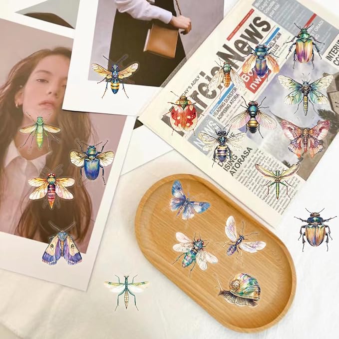 50PCS Transparent Watercolor Insect Stickers, Waterproof PET Decals, Colorful