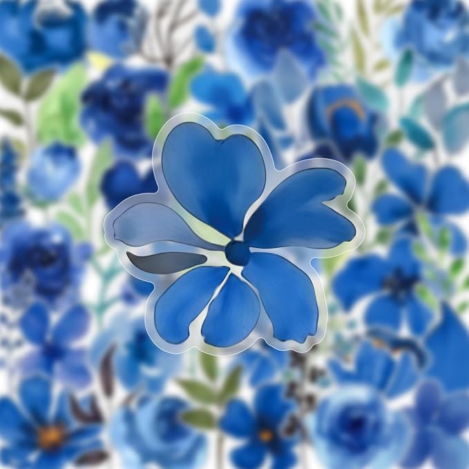 50PCS Blue Watercolor Flower PET Stickers, Waterproof Botanical Stickers