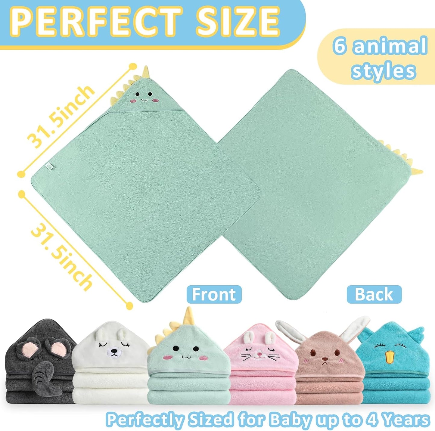 6 Pack Hooded Baby Towels - 32x32 in Ultra Soft Baby Bath Towels, Newborn Baby Essentials, Premium Absorbentand Hypoallergenic Towels for Toddler Baby Boy and Girl