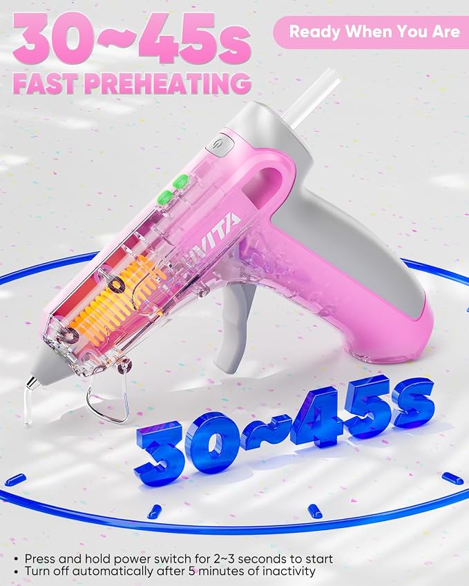 4V Pink Cordless Hot Glue Gun Kit, 30-Piece Glue Sticks | 2600mAh Built-In