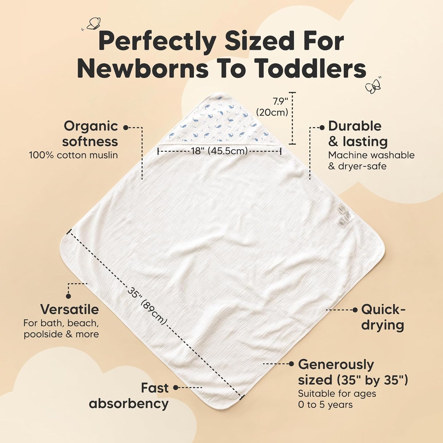 KeaBabies Muslin Baby Bath Towels with Hood for Girls,Boys-Large Organic Cotton Hooded Baby Towels for Newborns,Toddlers,Infant,Kids,Soft Absorbent Newborn Bath Essentials Gift Set(Whale Bay, Regular)