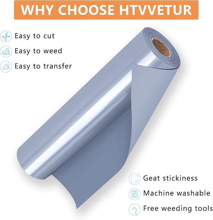HTVVETUR Silver HTV Iron on Vinyl 12Inch by 35ft Heat Transfer Vinyl