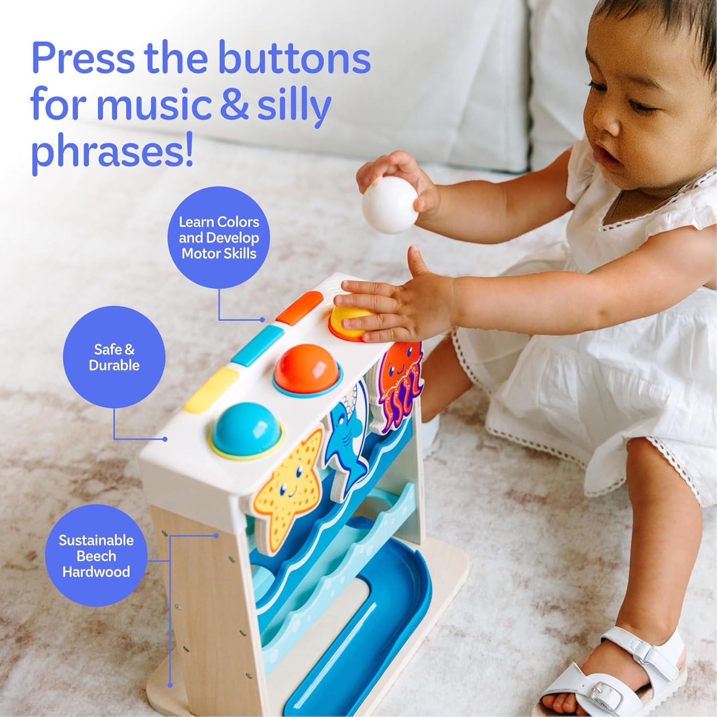 Move2Play, Wooden Ocean Friends, Interactive Toy for 1+ Year Olds, 6 to 12 Months, Baby Toy, 1 Year Old Birthday Gift for Girls, 9-12 Months, 6 7 8 9 10 12+ Months