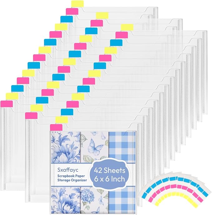 42 Pack 6x6 Scrapbook Paper Storage Organizer w/60 Label Stickers, Photos