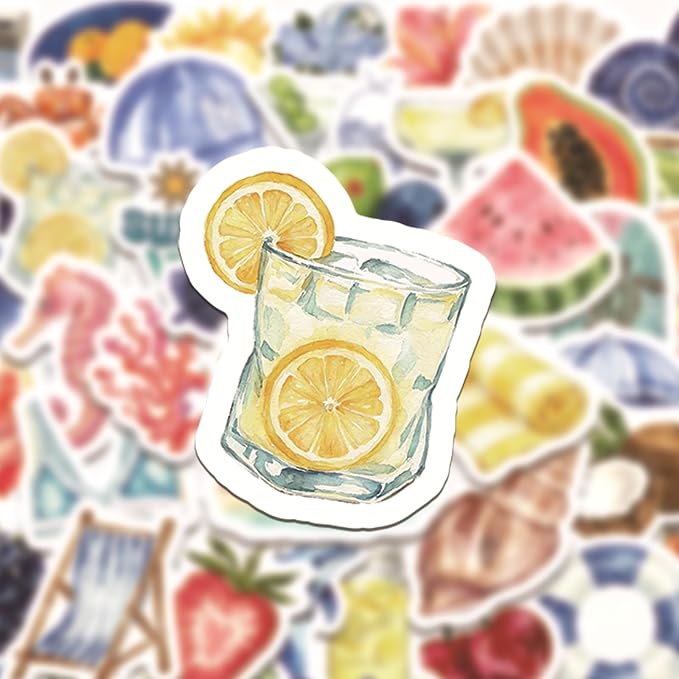 50 Pcs Watercolor Summer Beach Stickers, Tropical Ocean Fruit Sea Creature