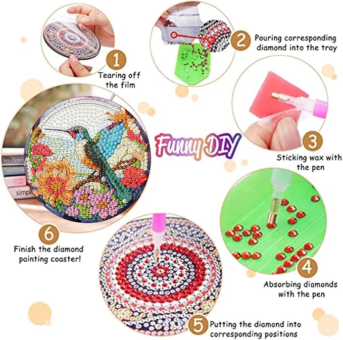 8 Pack Diamond Art Coasters, Hummingbird flowers Diamond Painting Coasters |