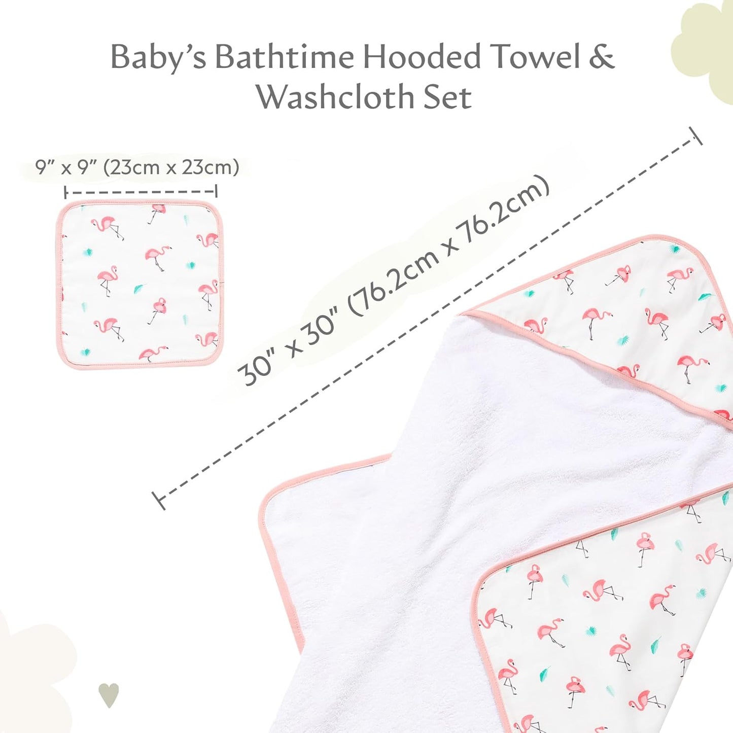 Bamboo Viscose Baby Hooded Towel & Washcloth Set for Babies and Toddlers, Soft & Absorbent, 70% Viscose from Bamboo, 30% Cotton Muslin - Imported (Flamingo)