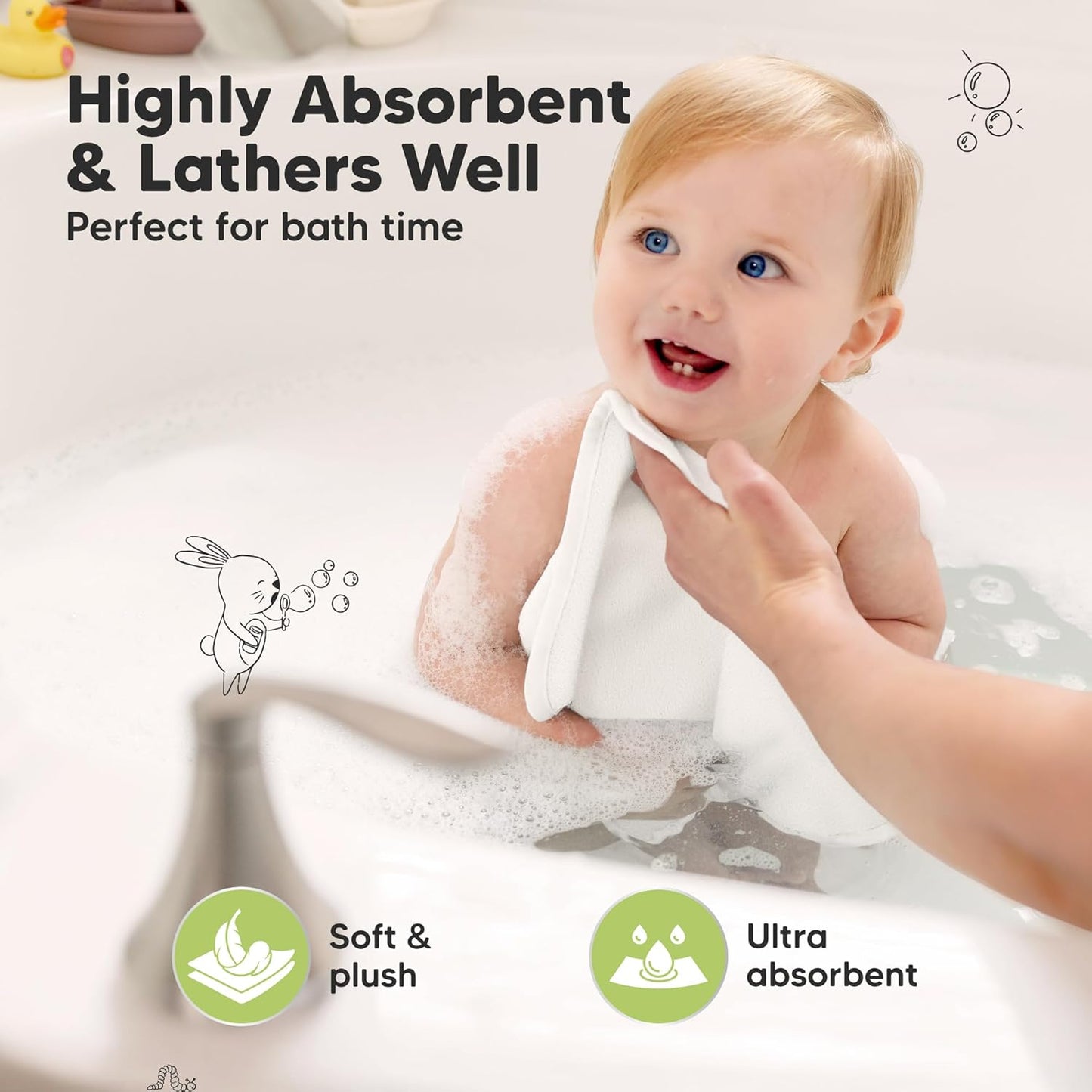 6-Pack Baby Washcloths - Soft Absorbent Viscose from Bamboo Wash Cloths for Babies, Kids, Toddlers, Infant, Newborn Bath Towels, Gentle on Sensitive Skin, 10x10 Reusable Face Towels (White)