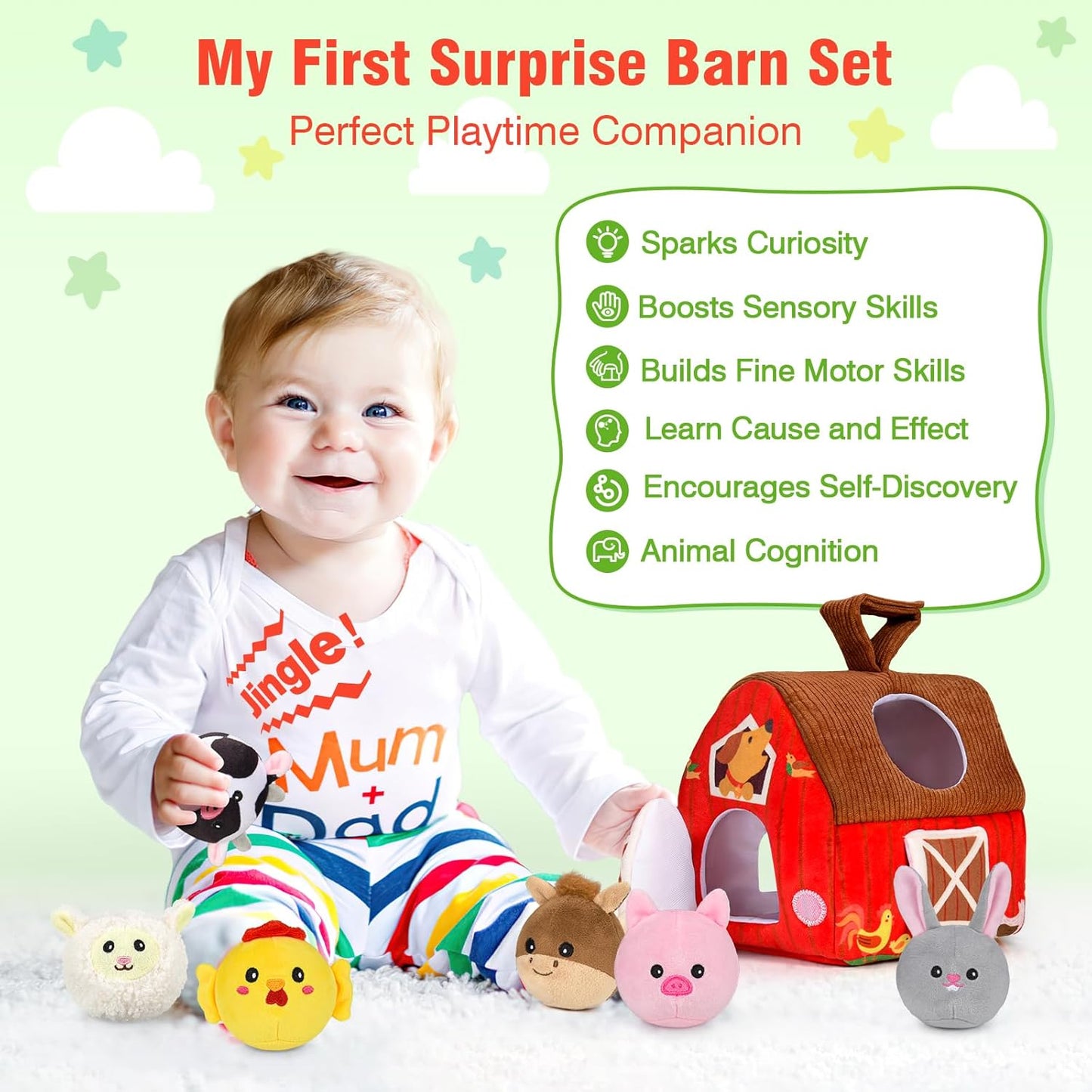 Baby Toys 6-12 Months: Plush Surprise Barn with Stuffed Farm Animals, Rattle, Crinkle Paper, Mirror, Busy Montessori Toys for Babies, Infant, Newborn, Sensory Toys for Toddlers 1-3