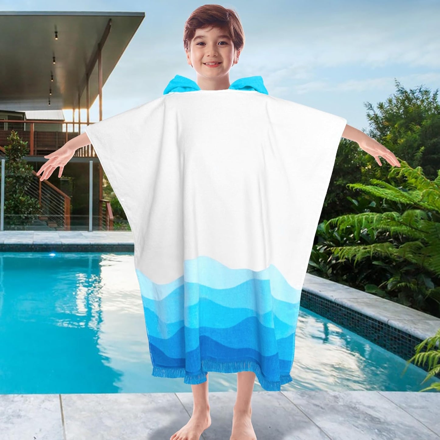 VOOVA & MOVAS Hooded Bath Towel for Boys| Girl | Teens (8-16Years), 100% Cotton Thick Poncho Towel Robe for Big Kids, Perfect for Pool, Beach,Bathroom,Waves Tassels