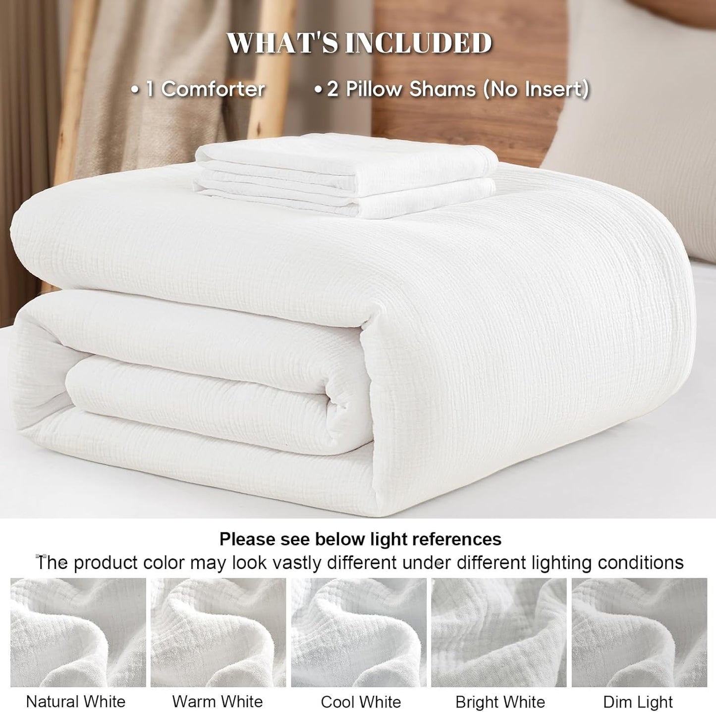 PHF Cotton Muslin Comforter Set King Size – Ultra Soft, Breathable & Lightweight Bedding Set for All Seasons, 3 Pieces - 1 Comfy Comforter 104"x90", 2 Pillow Shams 20"x36", White