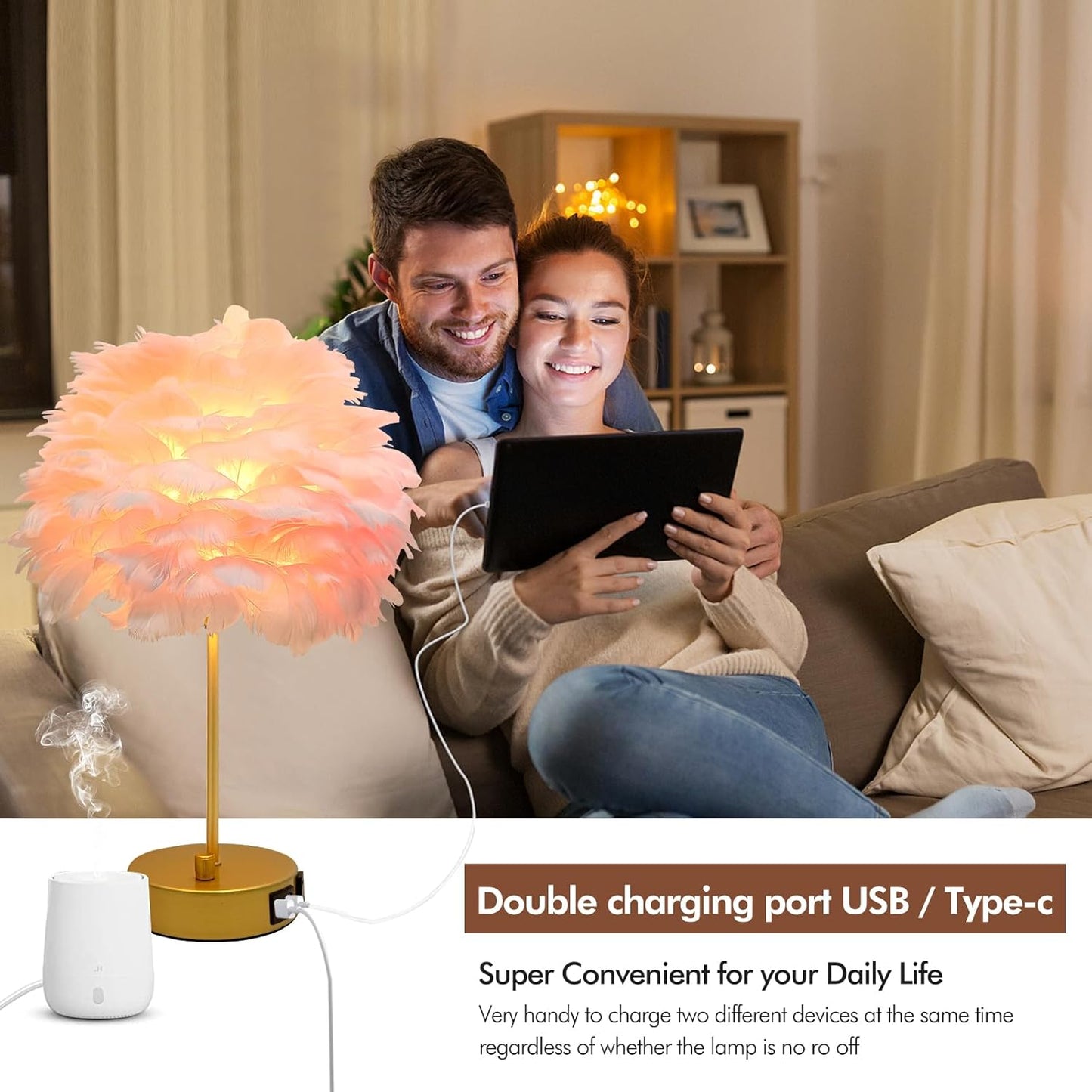 ZYLEIESENBAO Pink Feather USB Charger Table Lamp Feather Bedside Lamp Cute Nightstand Lamp with Outlets Princess Desk Light for Girl Bedroom Living Room Entryway Hotel Wedding Women's Gift Decoration