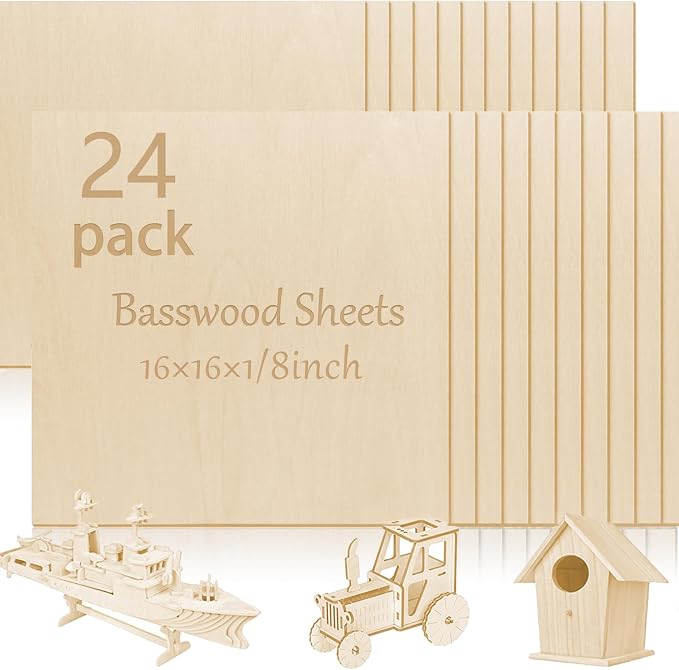 24 Pcs Basswood Sheets Plywood, School DIY Projects, CNC Cutting, Wood Burning