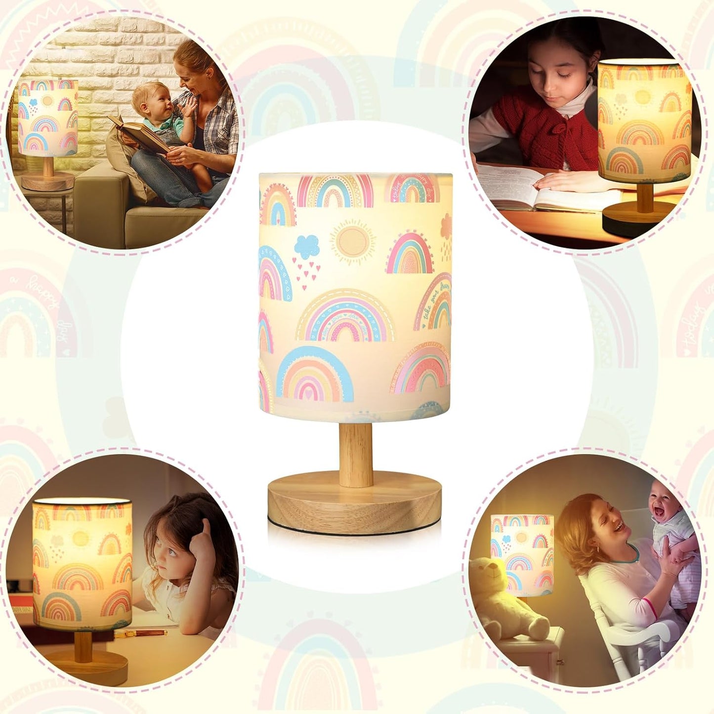 VIHOSE Rainbow Kids Table Lamp for Bedroom Kids Bedside Lamp with Linen Wooden Nightstand Cartoon Nursery Lampshade for Girls Boys Living Room