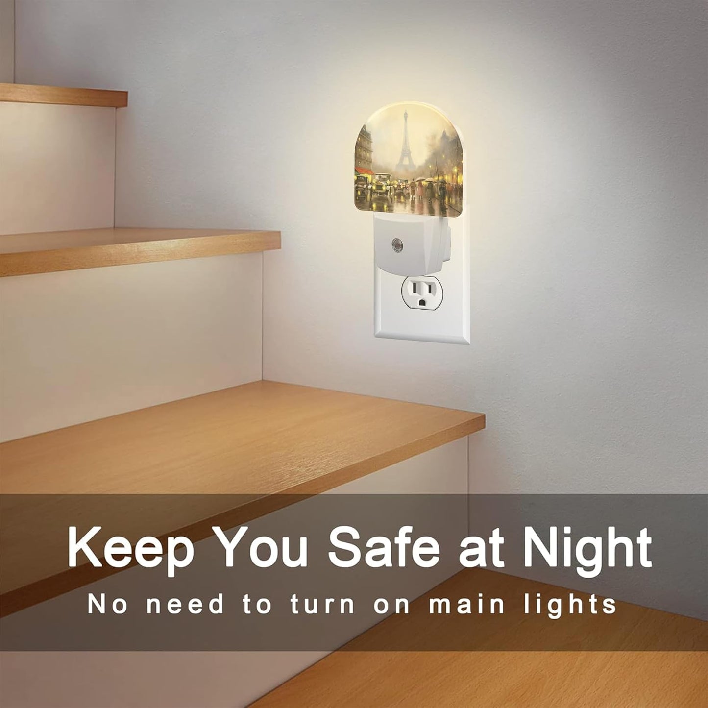Paris Eiffel Tower Oil Painting Night Light for Kids,City Street Night View Night Light Plug in with Dusk to Dawn Sensor,0.5w Energy Saving Nightlight for Hallway Stairway Kitchen Bedroom