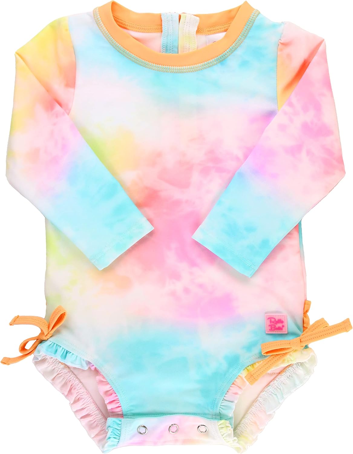 RuffleButts Baby Girls UPF 50+ Sun Protection Novelty Print Long Sleeve One Piece Rash Guard Swimsuit with Zipper