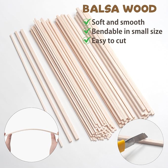 Balsa Wood Sticks for Crafts, Balsa Wood Strips 1/8 in+3/16 in+1/4 in,