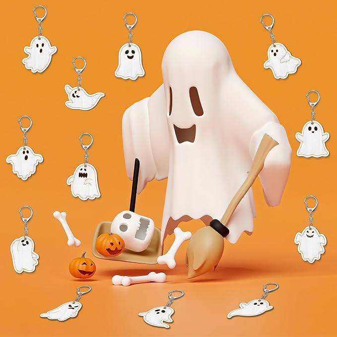RattanView 24 Pcs Ghost Craft Color Your Own Keychains DIY Craft Wooden Blank