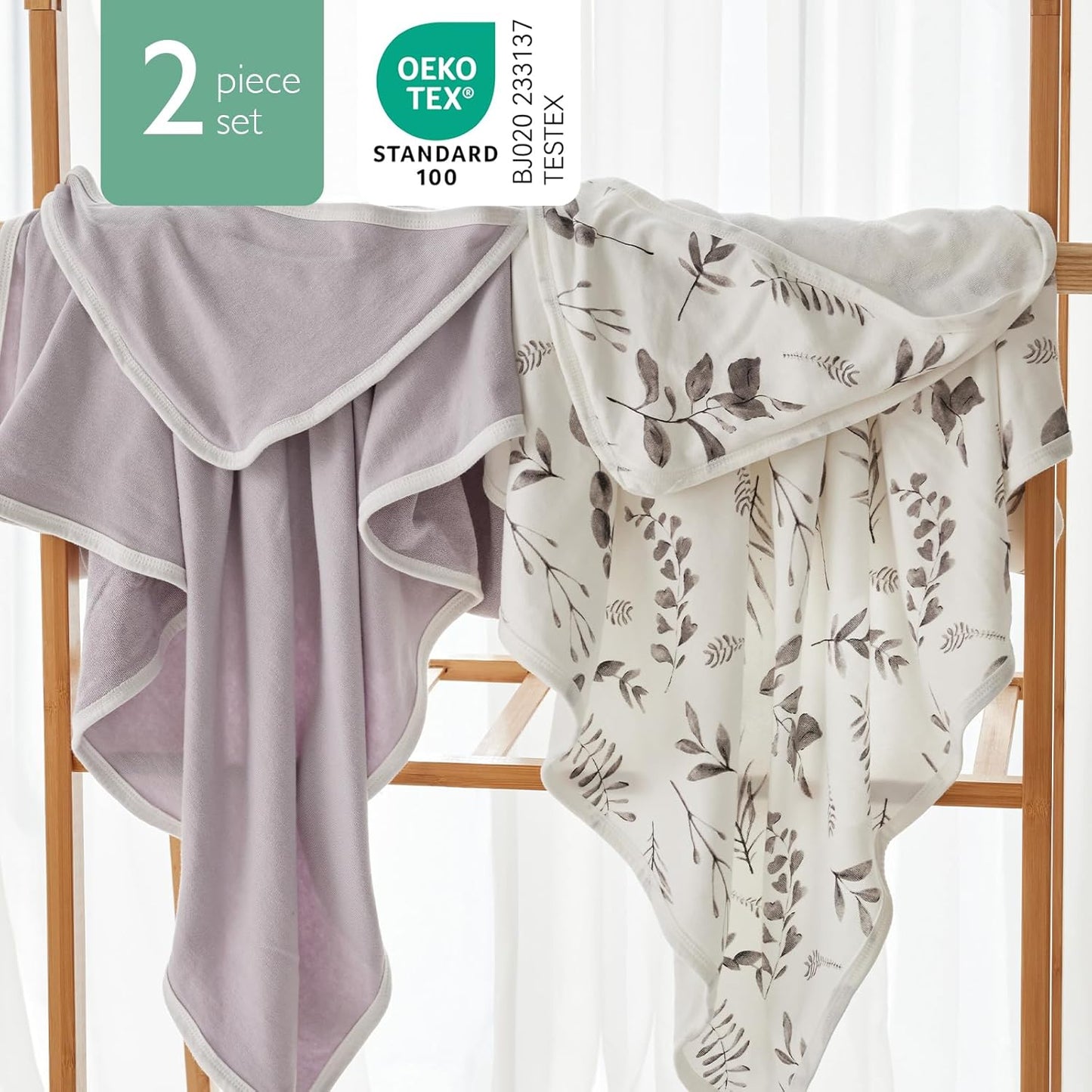 Momcozy Hooded Baby Towel, 2 Pack and Cotton Bath Towel with Hooded, Large 35 X 35 Inch, Baby Towel Set for Boy or Girl,Infant and Kid, Ink Wash Leaves
