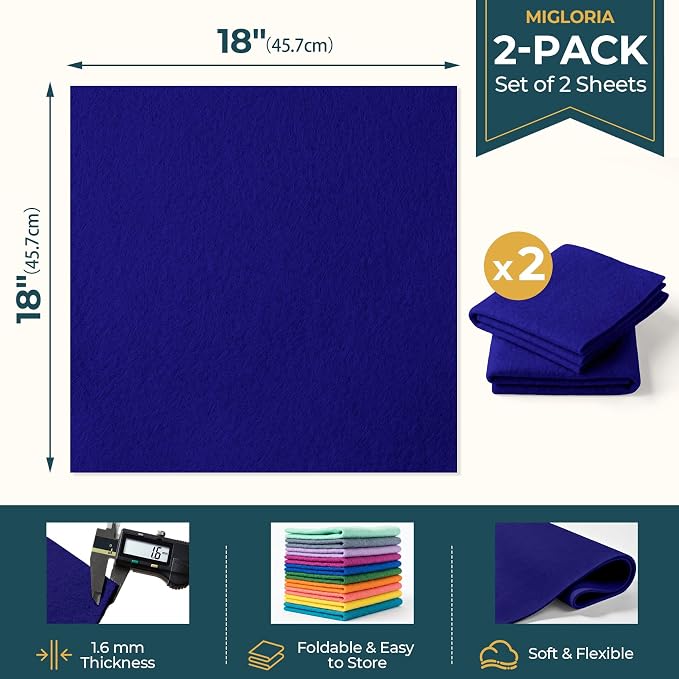 Felt Fabric Sheet 18 x 18 Inch, 1.6mm Thick | Soft and Flexible Nonwoven