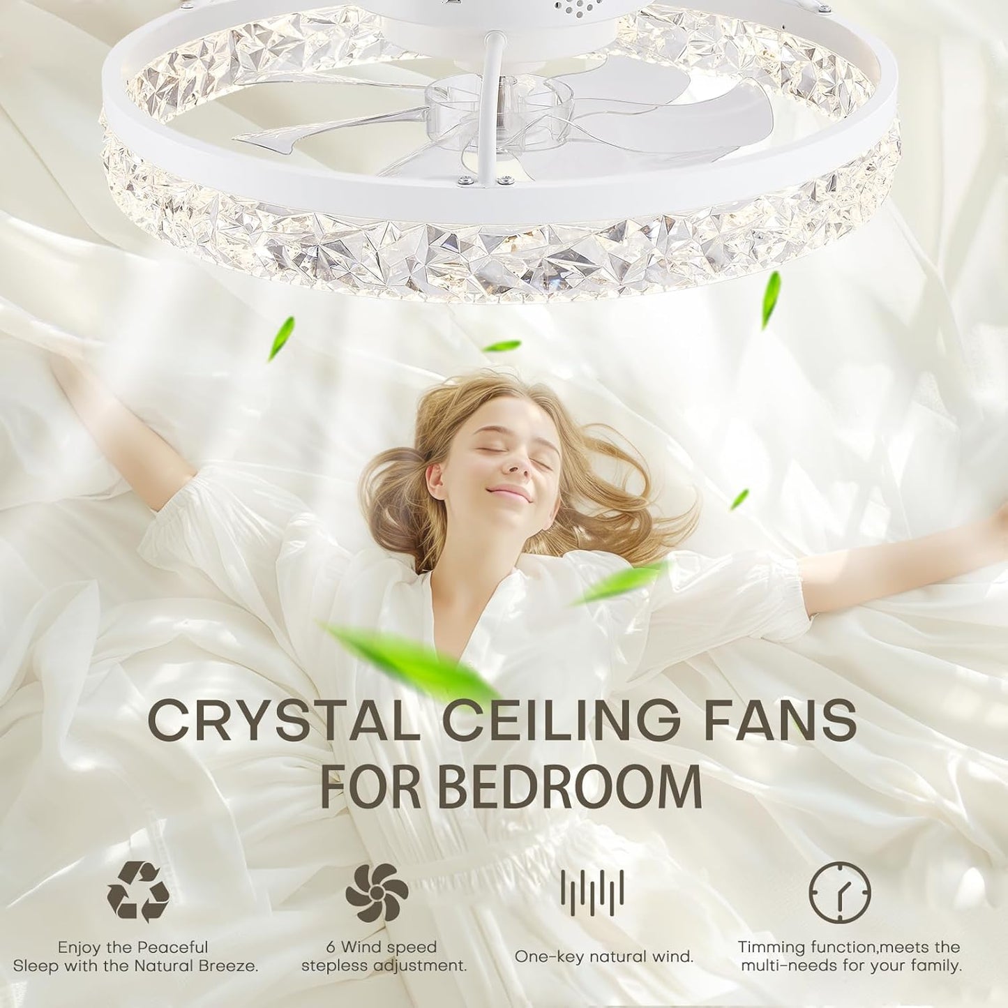 STERREN Ceiing Fan with Light, 19.7'' Low Profile Crystal Ceiling Fan with Remote Control, Modern Flush Mount LED Ceiling Fans, Bladeless White Fandelier for Bedroom, Living Room, Kitchen