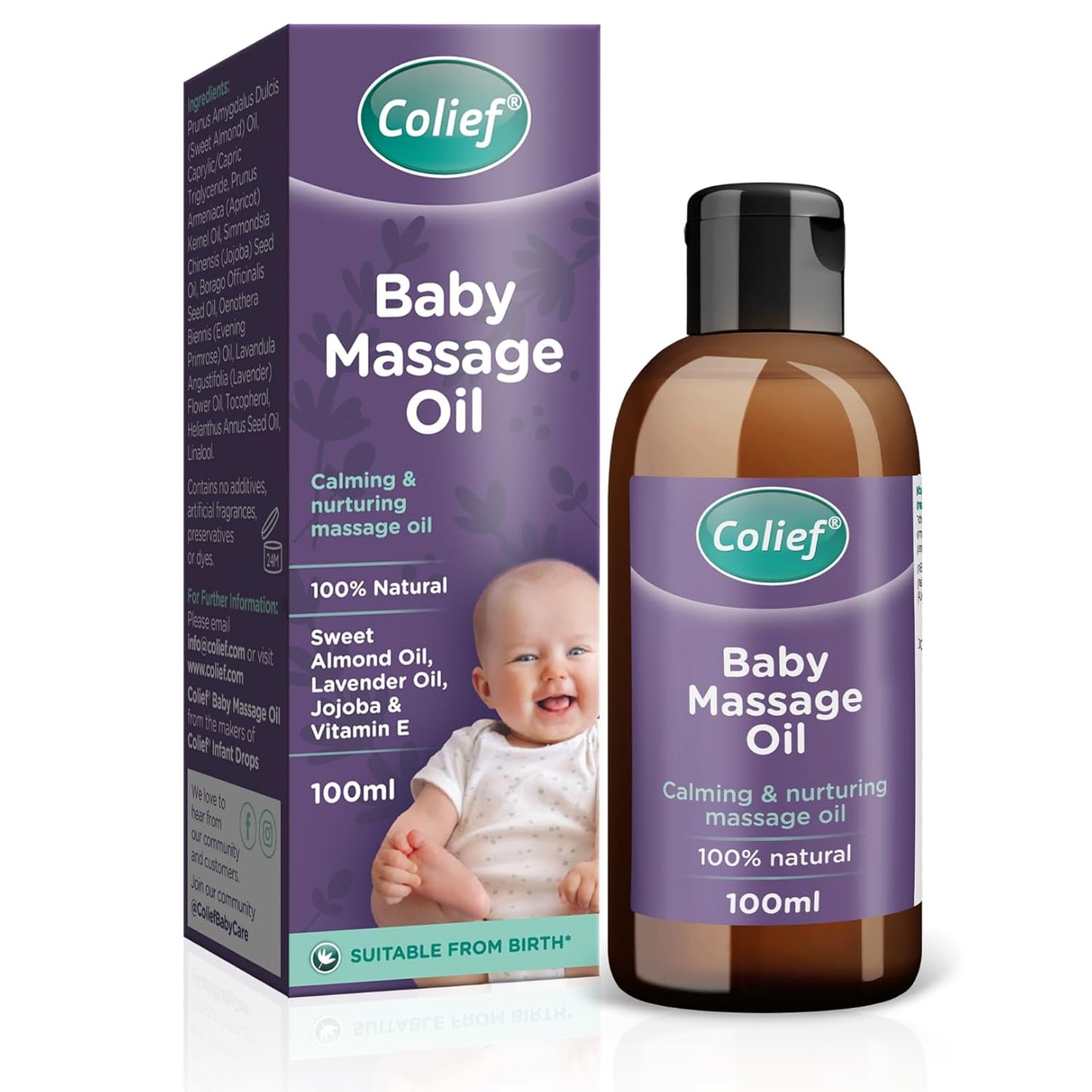 Colief Baby Massage Oil | Soothing Oil For Infants | Made With 100% Natural Ingredients Including Sweet Almond Oil, Lavender Oil, Jojoba & Vitamin E | Suitable For Babies 3+ Months | 3.38 Fl. Oz