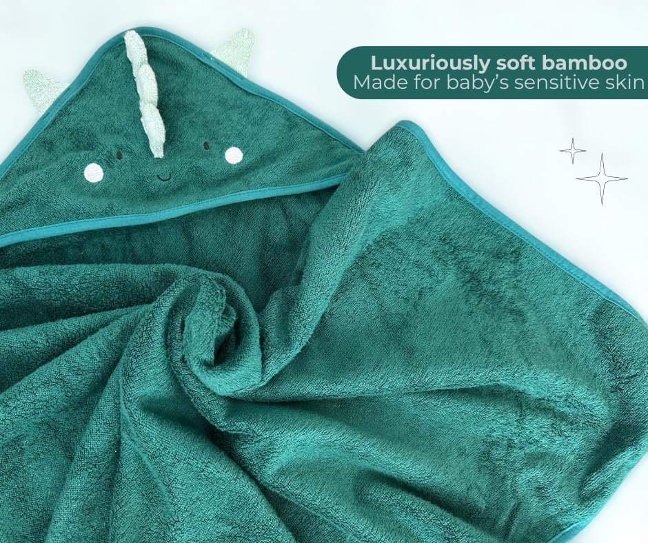 Hooded Baby Towel with Mitt - Ultra Soft Plush Bath Essential for Newborn, Infant & Toddler - Premium 30x30 Inch Large Absorbent Baby Bath Towels with Hood for Boys & Girls (Happy Dino)