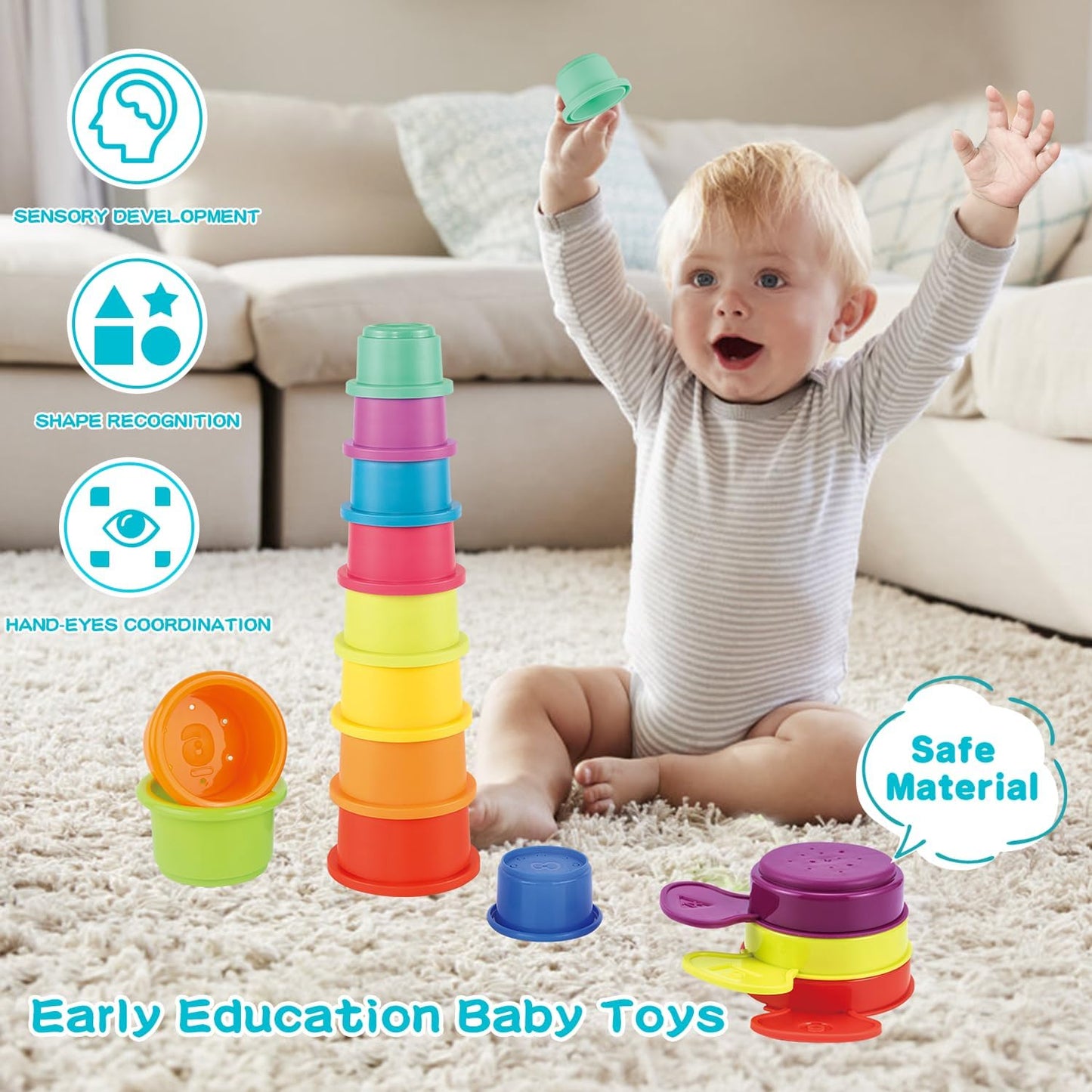 Bath Toys, 14 PCS | Safe & Educational Stacking Cups and Spoons with Numbers | Mold Free & Easy Grip Bath Toys for Baby and Toddler | Bathtub Water Toys with Early Learning Color & Shape Recognition