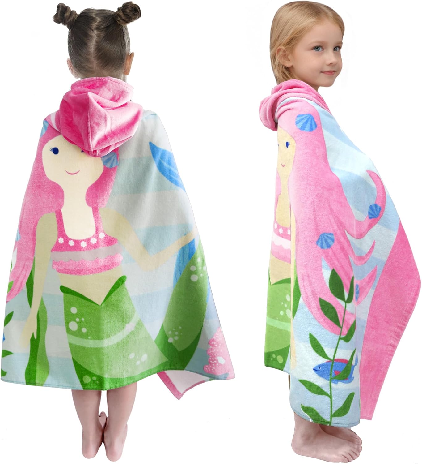 Kids Hooded Bath Towel-Soft Thick 100% Cotton Hooded Beach Towel for Kids 3-10 Years,Absorbent Fast-Drying Cute Toddler Bath & Swim Towel,for Boys & Girls 30"x50"(Mermaid Pink)
