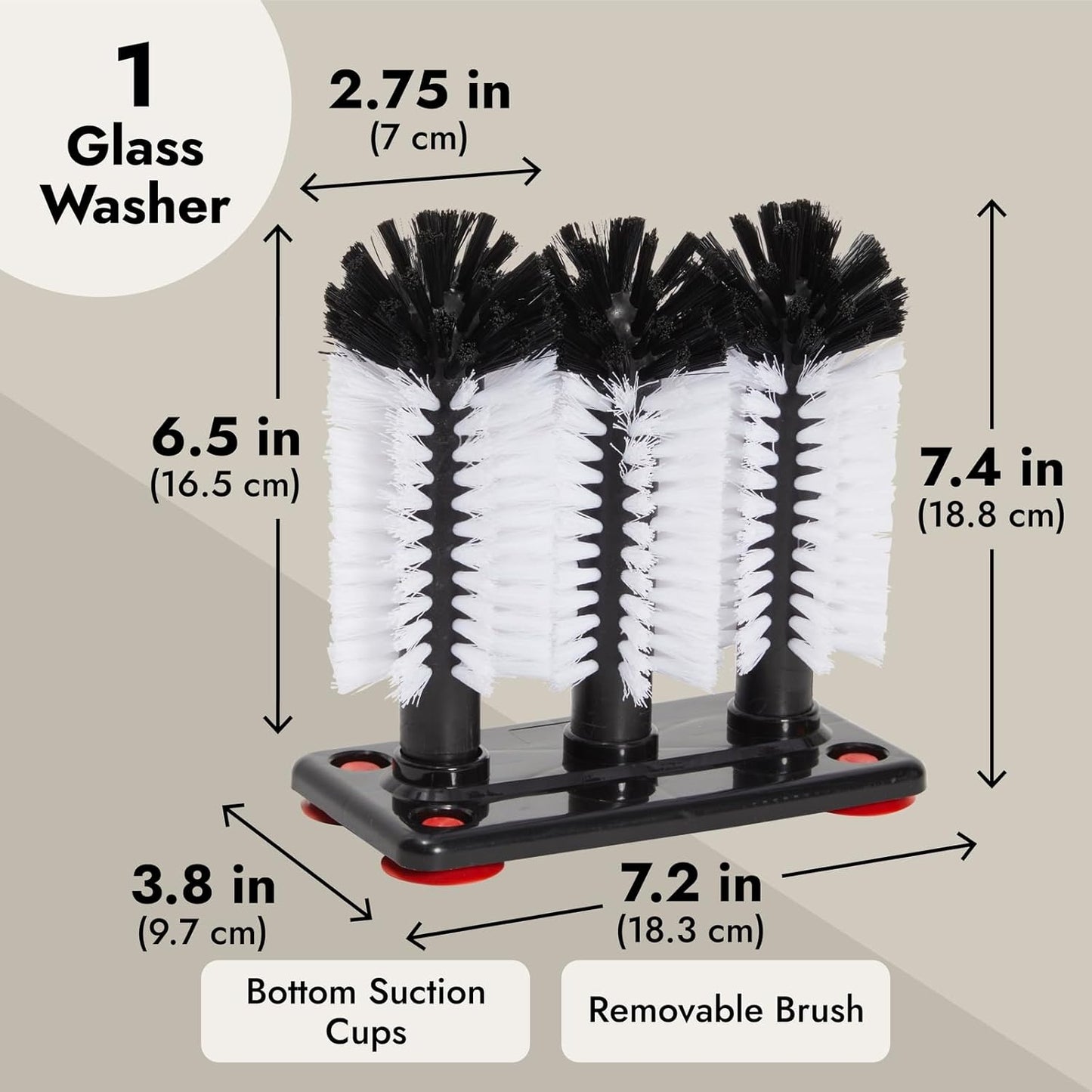Stockroom Plus Glass Washer for Bar Sink - Bar Glass Cleaner with Stable Suction Cup Base - Three-Head Bottle Brush for Deep Clean - Detachable Cup Brush Cleaner Heads with Drain Hole - White & Black