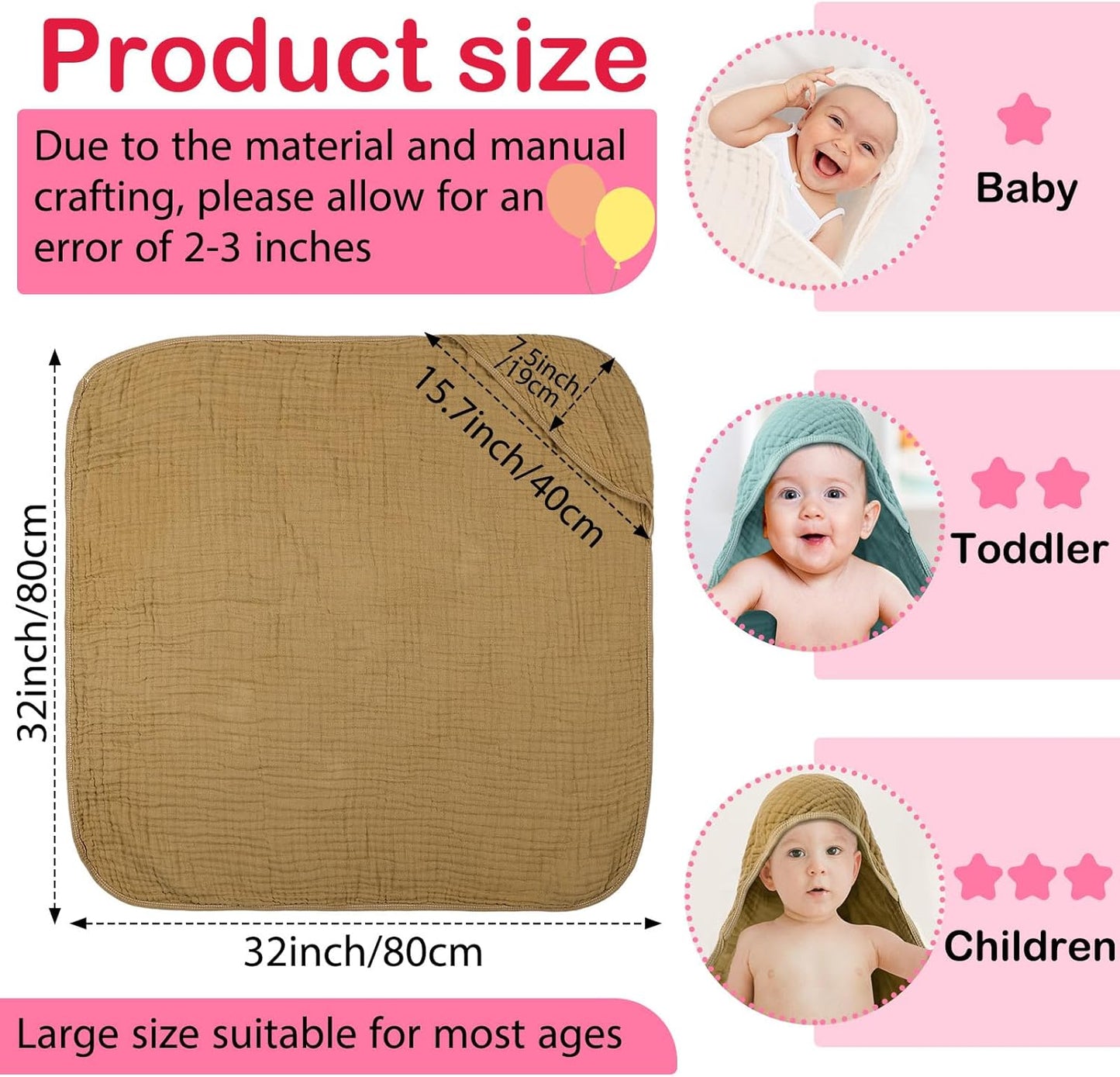 Peryiter 6 Pcs Muslin Hooded Baby Towels, 32"x 32" Cotton Newborn Bath Towel Muslin Infant Baby Blankets Absorbent Unisex Newborn Registry Gift Essentials for Girls Boys (Orange)