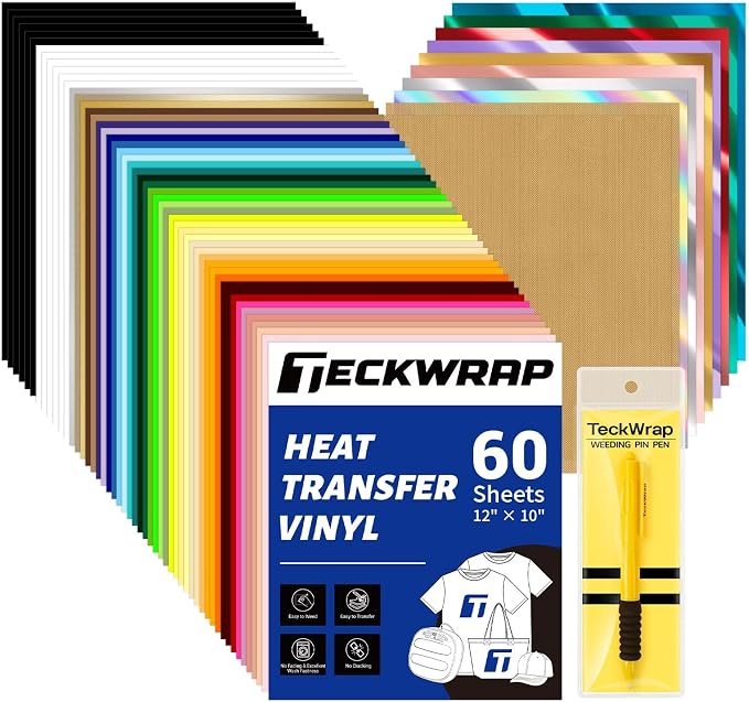 TECKWRAP Heat Transfer Vinyl for T-Shirts 60 Sheets 10"x12" Easy Cut & Weed |