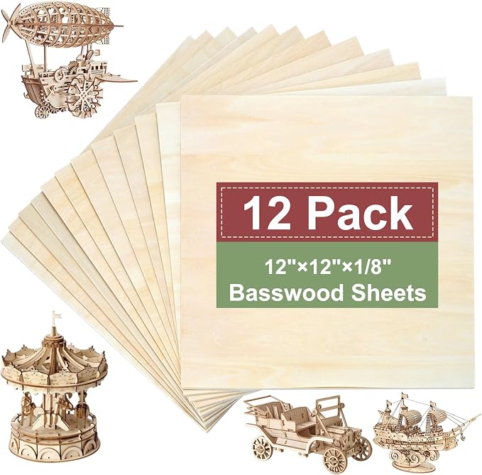 12Pack Basswood Sheets 1/8 Inch – 3mm Unfinished Plywood Boards 12"x12"