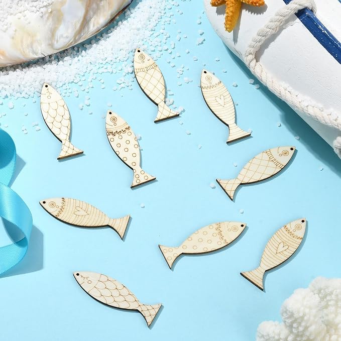 200 Pcs Wooden Fish Charms Old Lace Sea Animal Cutouts Unfinished Wood Summer