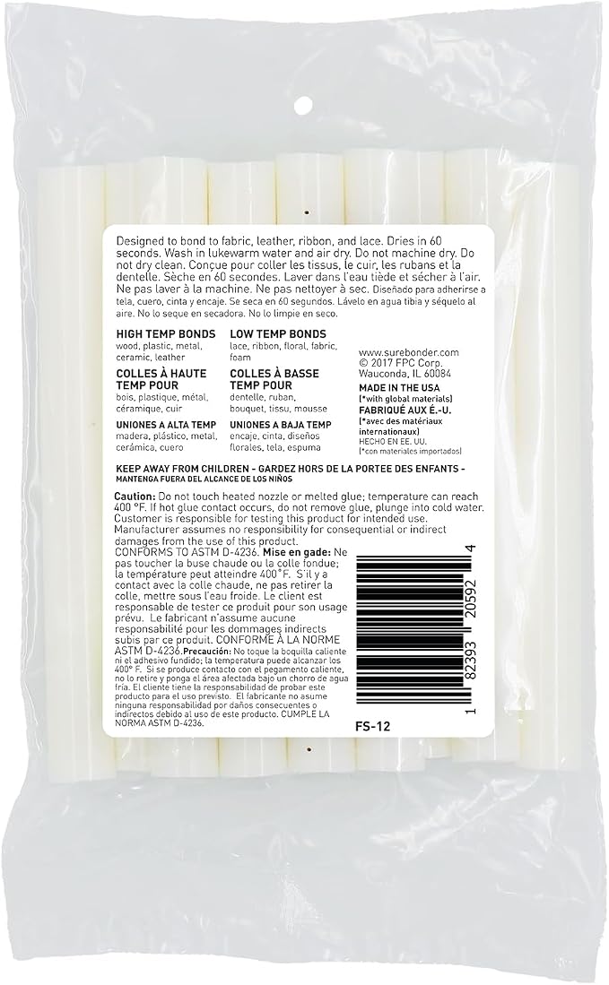 Surebonder Fabric Hot Glue Sticks, Full Size, Machine Washable Adhesive
