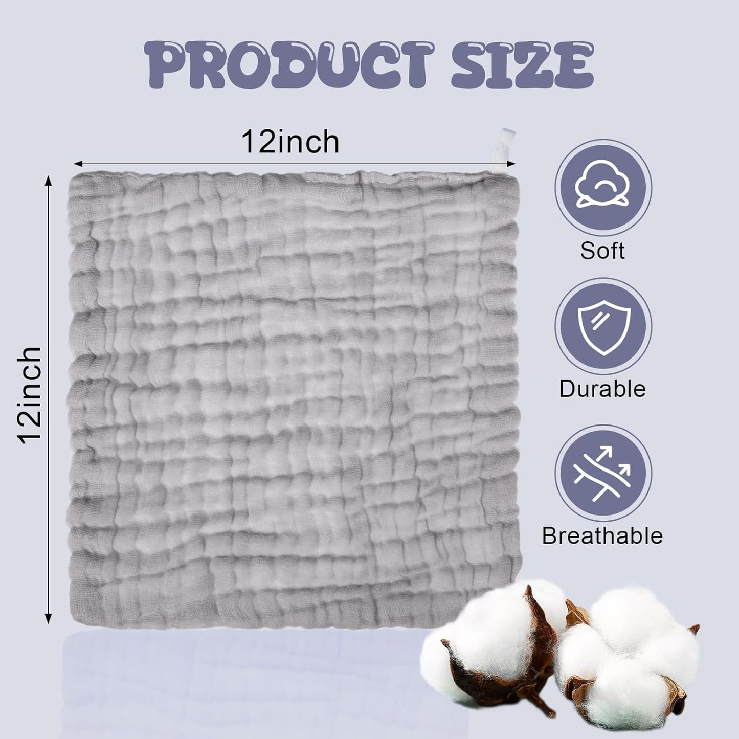 Breling 20 Pcs Baby Muslin Washcloth 12 x 12 Inch 100% Cotton Soft and Absorbent Muslin Washcloth Burp Cloth Wipe Newborn Face Towel for Baby Boy Girl Sensitive Skin(White, Light Gray, Gray)
