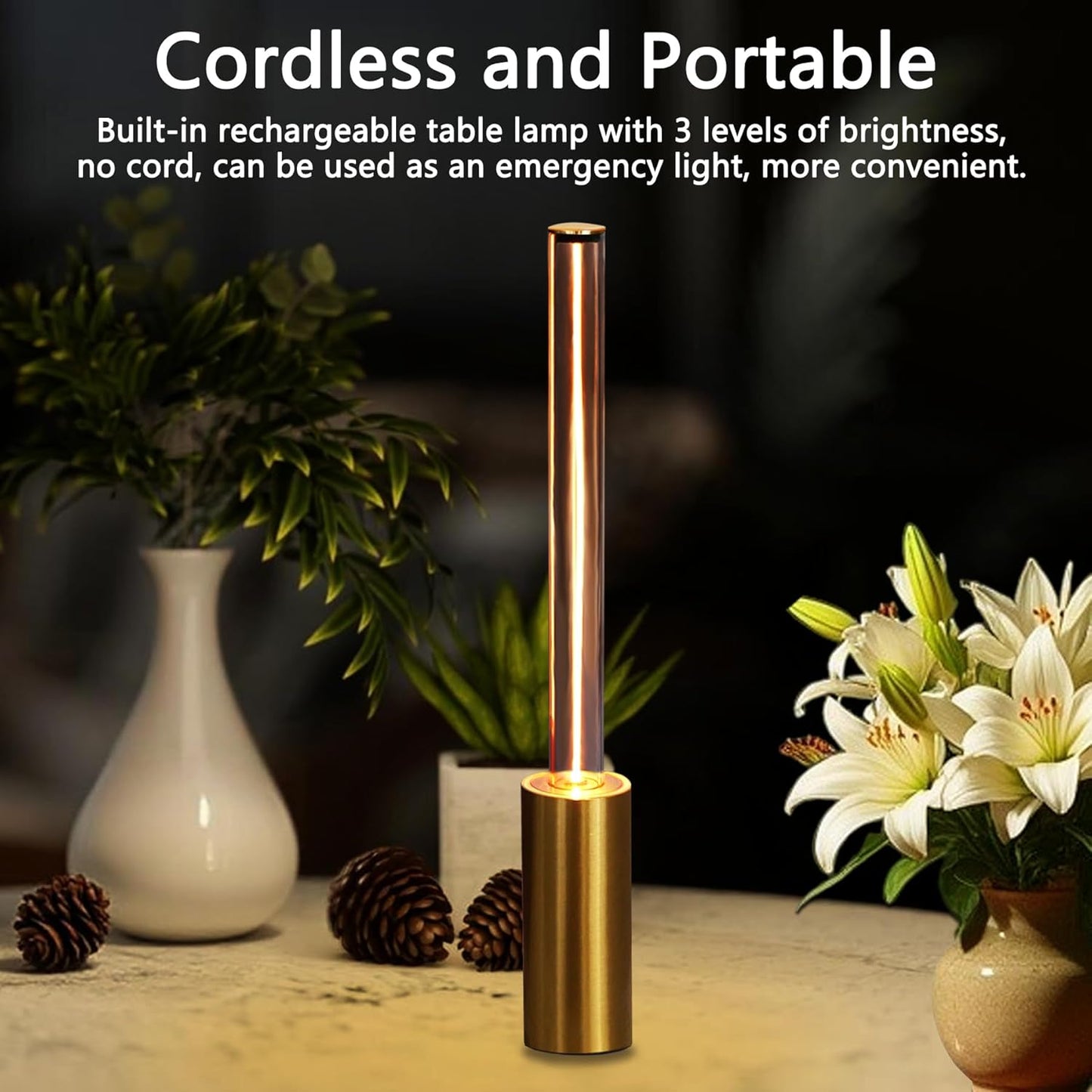 Cordless Table Lamp Set of 2, 3 Way Dimmable Touch Rechargeable LED Desk Lamp for Nightstand with 4000mAh Battery Operated, Night Light for Restaurant Home Dinner Dining Kitchen (Gold)