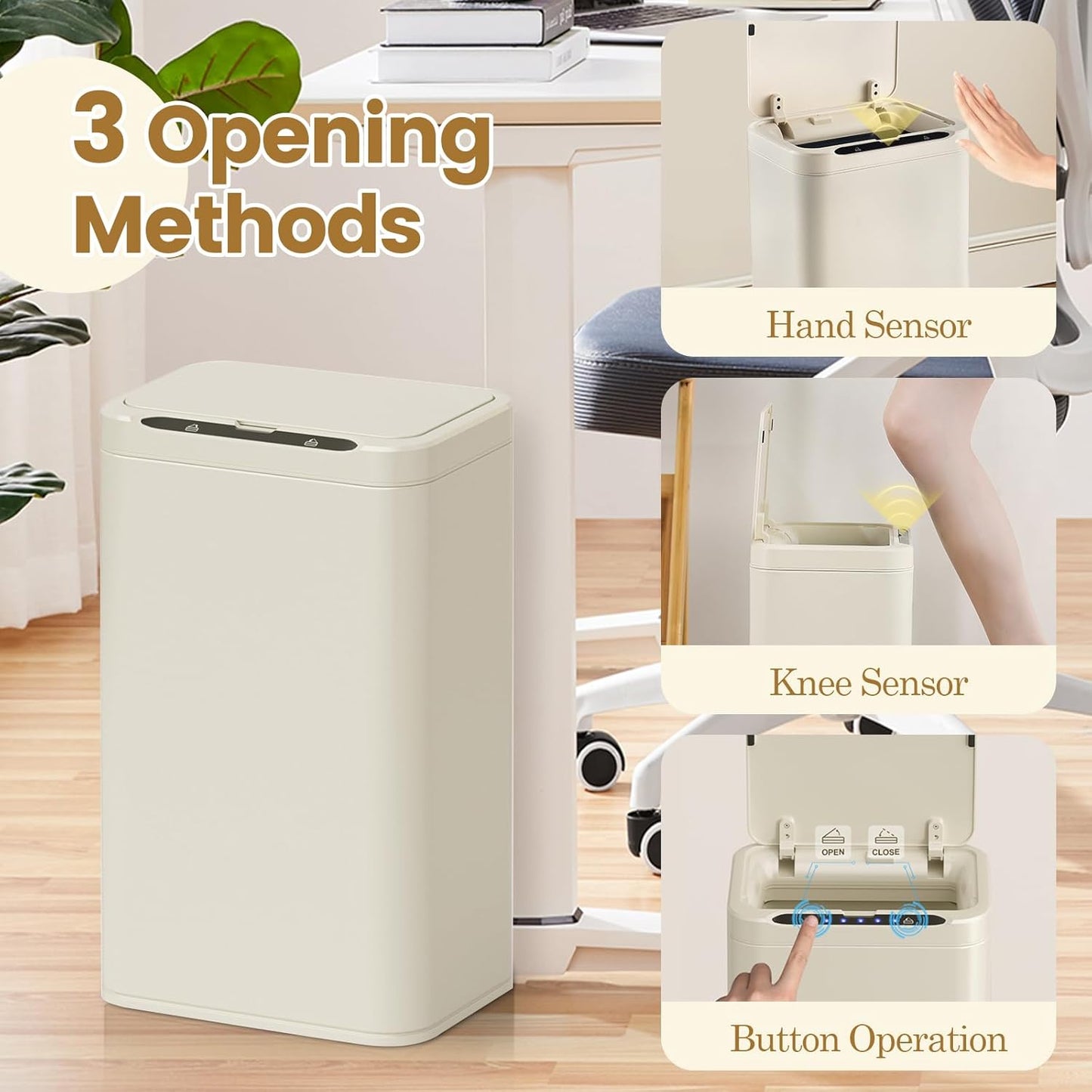 ELPHECO Stainless Steel Office Trash Can Motion Sensor Garbage Can Touchless Smart Trash Can Automatic Waste Bin for Kitchen, Office, Bathroom (Cream Beige, 6.6 Gallons), 2AA
